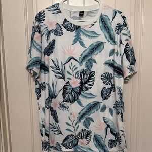 Tropical White Short-Sleeve Tee with Teal & Pink Leaf Print